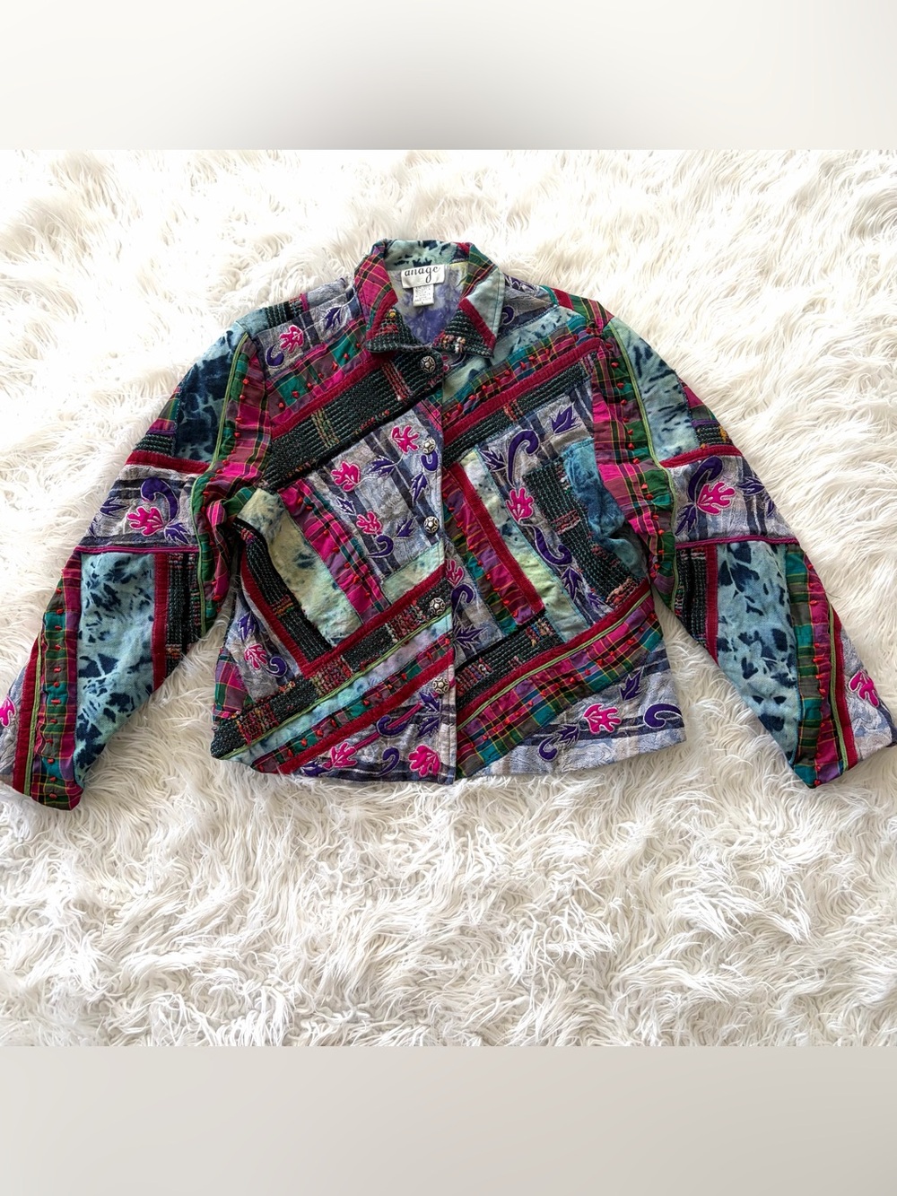 Vintage Anage Art to Wear Patchwork Jacket Silk Cotton Mixed Media Boho Large